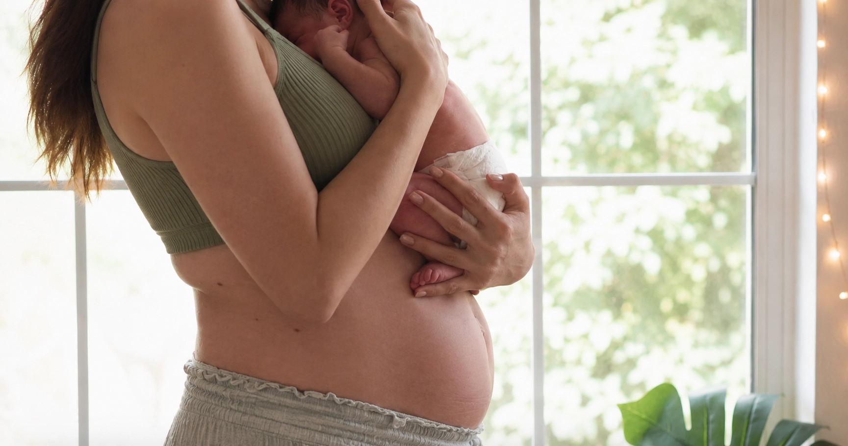 Mor og baby deler et nært øyeblikk i en lys stue